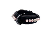 COLLIER EXCLUSIVE NOIR CUIR VERNI 1 RANG PERLES ROSE/CRISTAL S